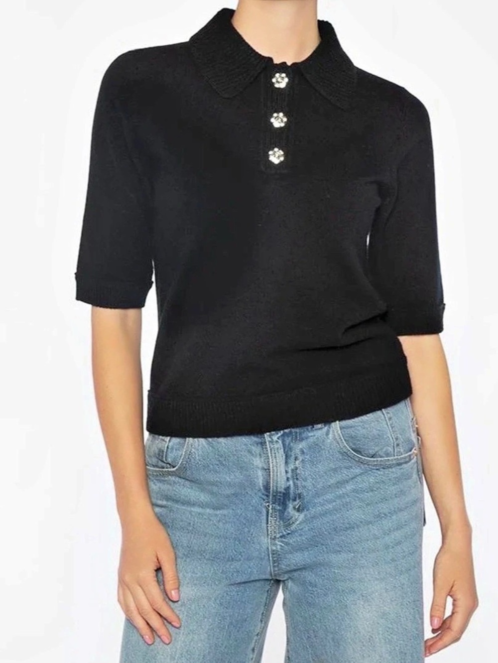 Kinross Cashmere Crystal Button Elbow Sleeve Polo Sweater Size Medium